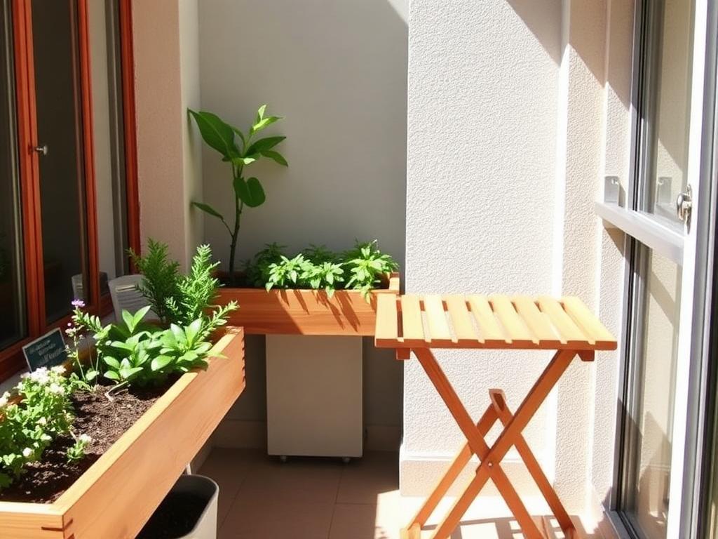 Cedar planter boxes and a folding bistro table show apartment balcony woodworking ideas