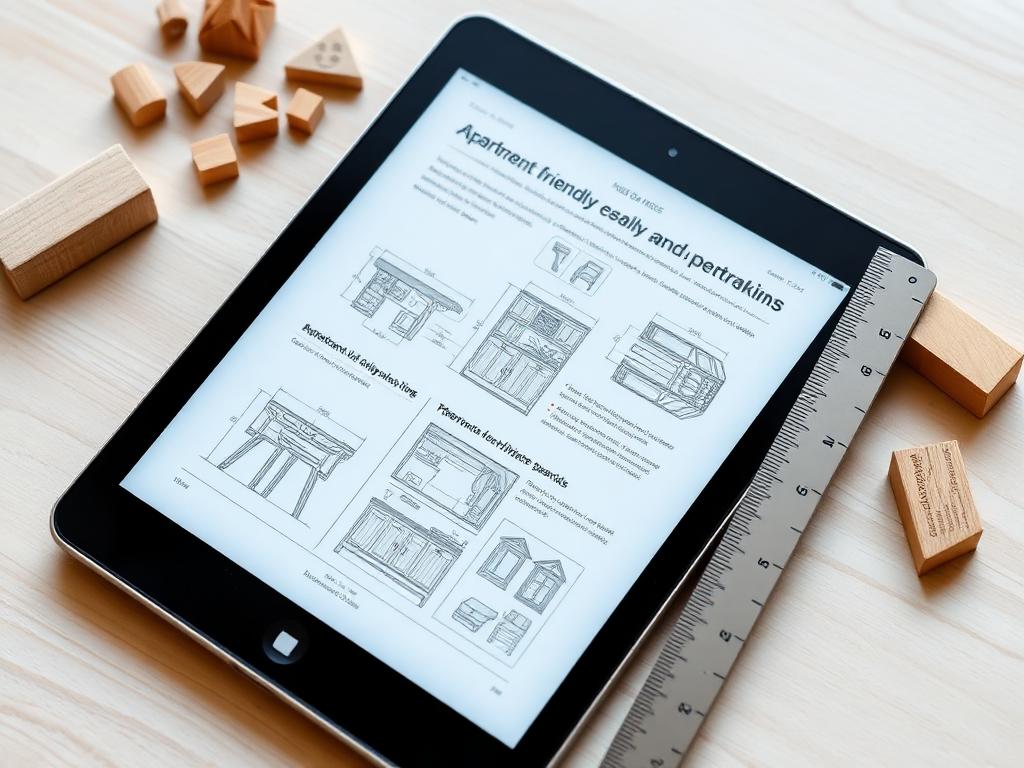 Tablet displaying an apartment friendly woodworking ideas PDF surrounded by wood samples