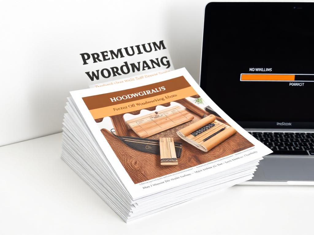 Stack of compact woodworking plans ebook pages beside a laptop showing a digital download