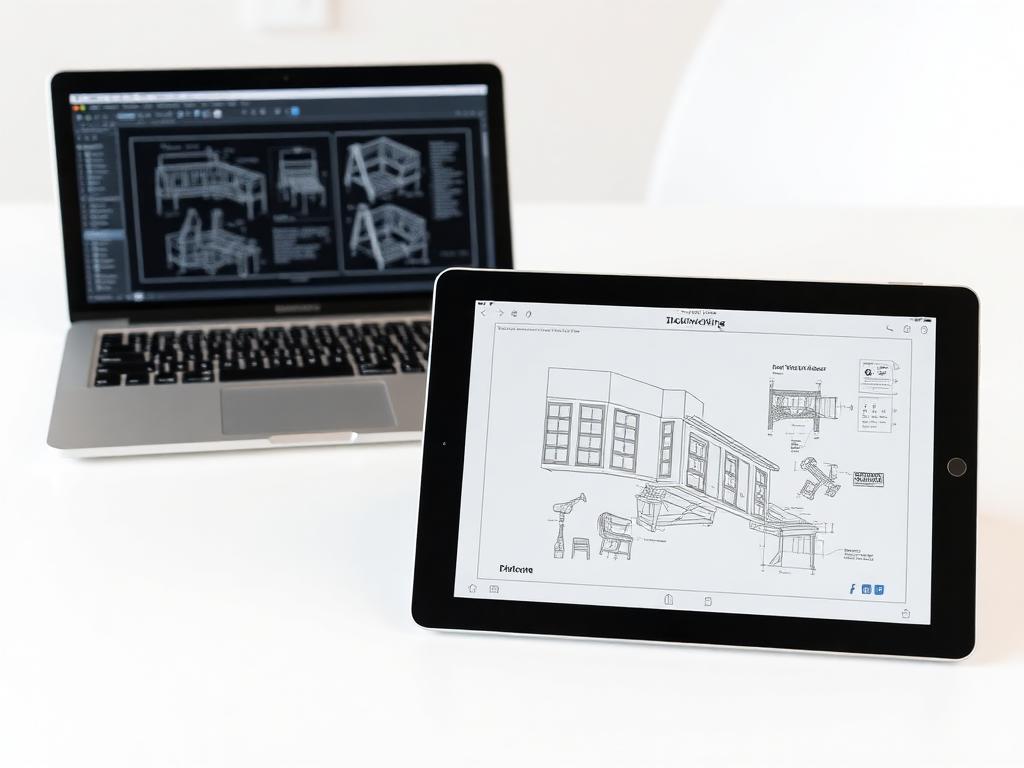 Laptop and tablet displaying digital woodworking plans for beginners