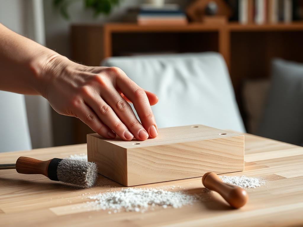 Hand sanding a wooden block to demonstrate noise free woodworking techniques apartment