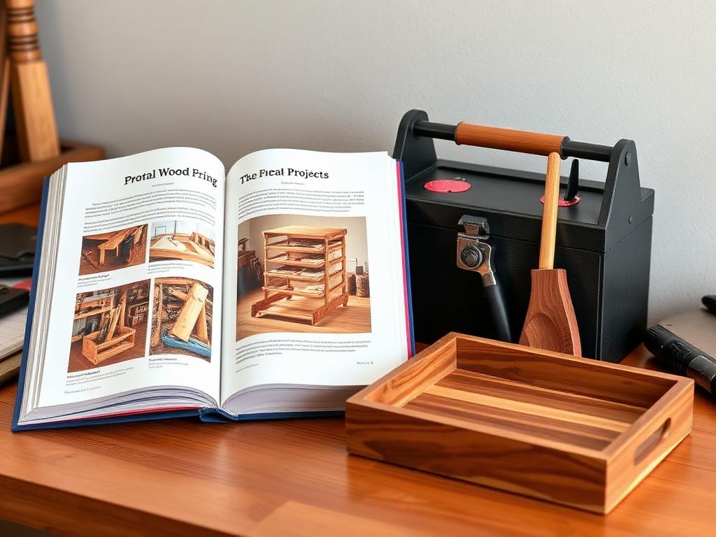 Open book and small toolbox illustrating portable woodworking project guides
