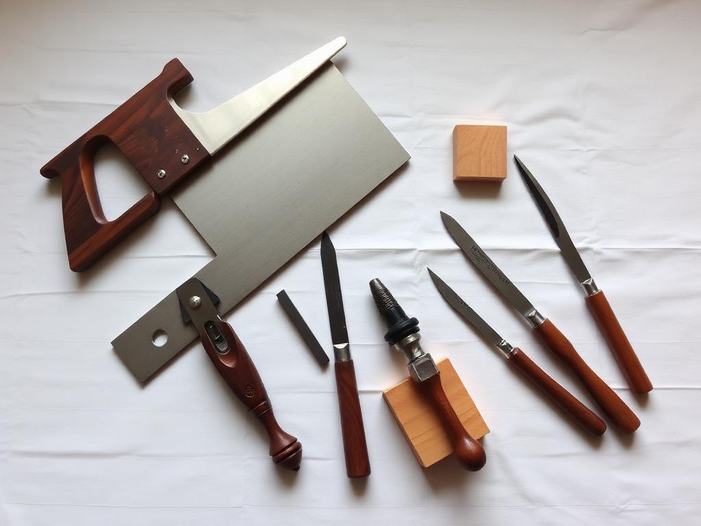 Hand saw, chisels, and quiet woodworking tools for apartments on a white linen mat