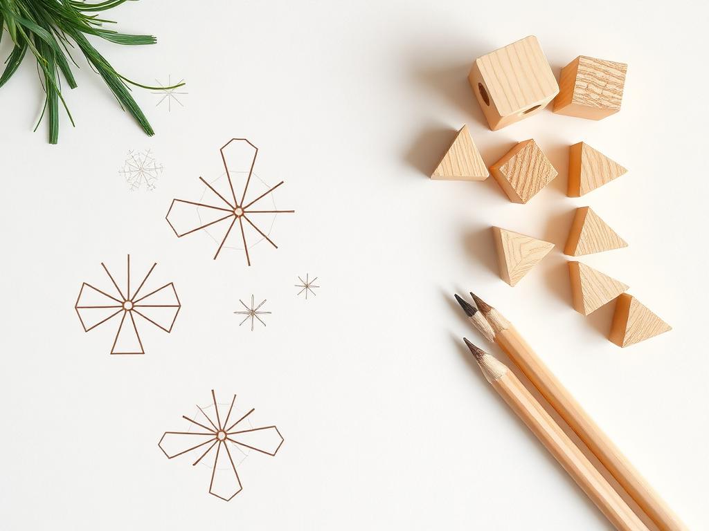 Geometric wooden shapes and simple woodcraft patterns for small homes on a clean desk