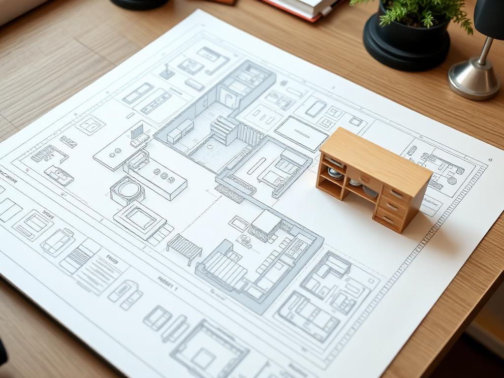 Architectural small apartment DIY furniture blueprints with a wooden prototype