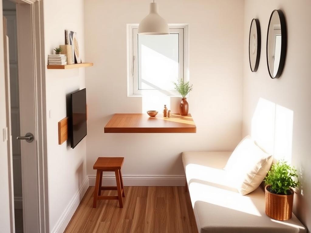 Fold down wall desk illustrating space saving woodworking designs for renters