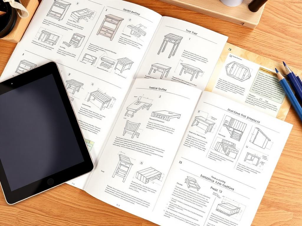 Open step by step woodworking ebook small spaces project pages beside a tablet